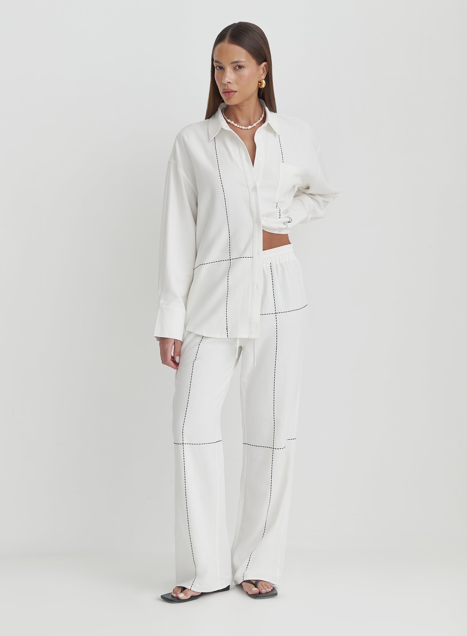 Off White Contrast Stitch Linen Trouser